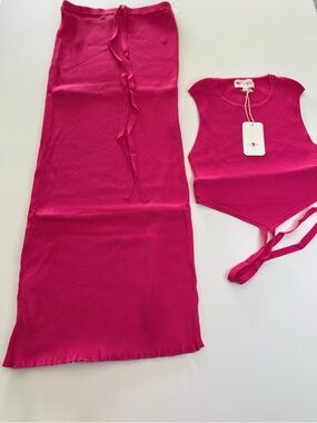 L'ATISTE Hot Pink Ribbed Knit Top and Skirt Set NWT